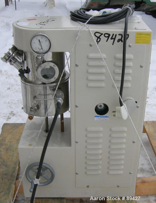 Used Premier Lab Size Vacuum Double Planetary Mixer, Model PLM 1.5, 316 stainless steel. Mixing capacity 1.40 liter (0.38 gallon), total 1.73 liter (0.46 gallon). Orbital speed 12-47 rpm, stirrers 33...