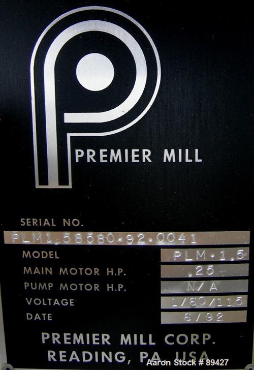 Used Premier Lab Size Vacuum Double Planetary Mixer, Model PLM 1.5, 316 stainless steel. Mixing capacity 1.40 liter (0.38 gallon), total 1.73 liter (0.46 gallon). Orbital speed 12-47 rpm, stirrers 33...