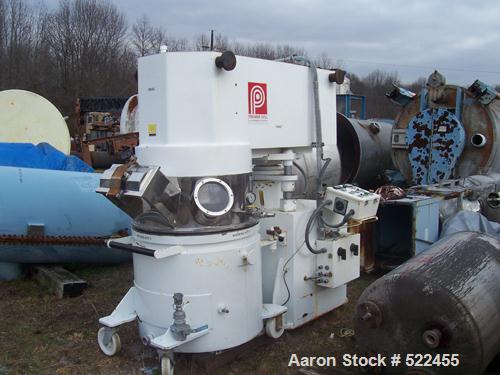 USED: Premier model PLM-360 planetary mixer. 100 gallon capacity, 360 liter, stainless steel construction. Double planetary blade design. Varispeed drive, 460 volt. Has a provision for a scraper blad...