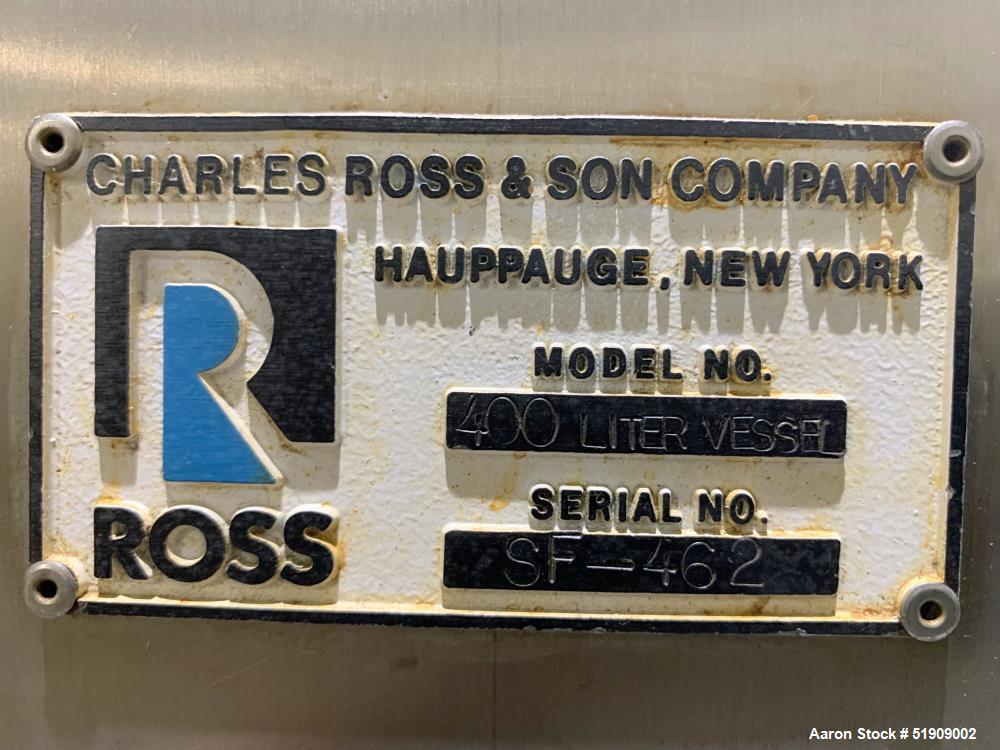 Used Ross Planetary Mixer, Model: 400 liter vessel, 316L Stainless Steel. 400L (105 Gal) working capacity. Approximately 32" diameter x 35" straight side. Flat top, dished bottom. Internal design pre...
