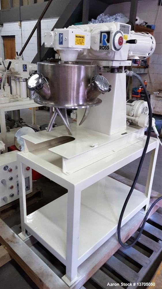 Used Ross, 4 Gallon, Model LDM-4 Jacketed, Vacuum, Double Planetary Mixer. Stainless steel construction, 1 quart to 4 gallon mixing capacity, 5-1/4 gallon total capacity. "HV"- Style mixing blades, s...