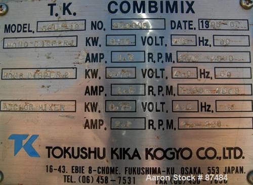 USED: Tokushu Kika Triple Shaft Vacuum Disperser/Kneader Combimix Mixer, model 38L-10, 304 stainless steel. Approximate 10 gallon working capacity. Jacketed can 10-3/4" diameter x 20" straight side, ...
