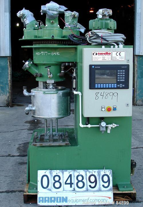 Used Turello Planetary Mixer, Model TMD/PL16, 304 Stainless Steel. Approximately 4.2 gallon capacity. 12" diameter x 9" deep jacketed 304 stainless steel mixing bowl, vacuum hood with (2) sightglasse...