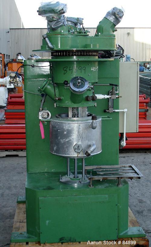 Used Turello Planetary Mixer, Model TMD/PL16, 304 Stainless Steel. Approximately 4.2 gallon capacity. 12" diameter x 9" deep jacketed 304 stainless steel mixing bowl, vacuum hood with (2) sightglasse...