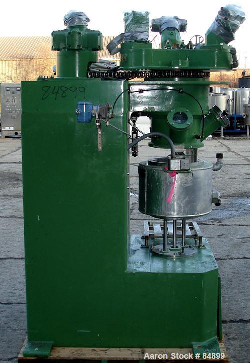 Used Turello Planetary Mixer, Model TMD/PL16, 304 Stainless Steel. Approximately 4.2 gallon capacity. 12" diameter x 9" deep jacketed 304 stainless steel mixing bowl, vacuum hood with (2) sightglasse...