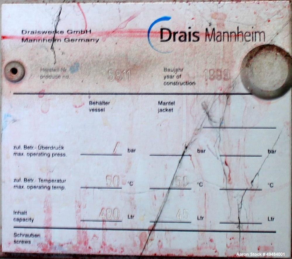 Used Drais Mannheim Plow Mixer/Dryer – Type TK 400-Turbu Kneter, 400L, 321 Stainless Steel