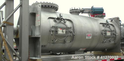 Used American Process Cylinrical Plow Mixer, Model CPB-135, 135 Cubic Feet Working Capacity (220 total), 304 Stainless Steel. 304 stainless steel jacket, chamber 56" diameter x 156" long, Internal ra...
