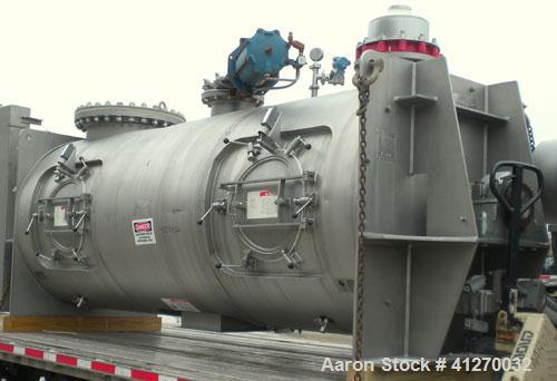 Used American Process Cylinrical Plow Mixer, Model CPB-135, 135 Cubic Feet Working Capacity (220 total), 304 Stainless Steel. 304 stainless steel jacket, chamber 56" diameter x 156" long, Internal ra...