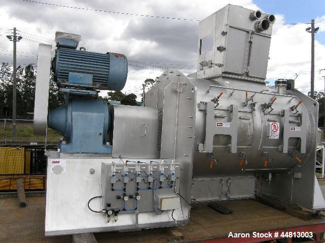 Used Gardner High Speed Plough Shear Mixer, Model PE3000.  1400 mm Diameter x 2100mm long.  2400 Liter capacity, 88 rpm, (4) 5.5 kw @ 2800 rpm tulip head intensifiers, discharge 2 x 470 mm long x 260...