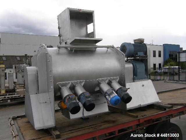 Used Gardner High Speed Plough Shear Mixer, Model PE3000.  1400 mm Diameter x 2100mm long.  2400 Liter capacity, 88 rpm, (4) 5.5 kw @ 2800 rpm tulip head intensifiers, discharge 2 x 470 mm long x 260...