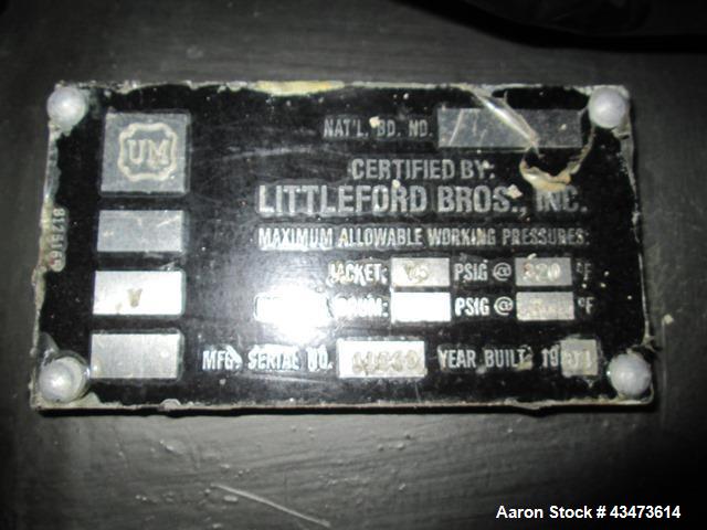 Used Littleford Mixer, Model FM130D. Stainless steel construction 4.6 cubic feet total, 2.8 cubic feet working capacity, jacketed for 75 psi at 320 degrees F. with main shaft motor and chopper motor,...