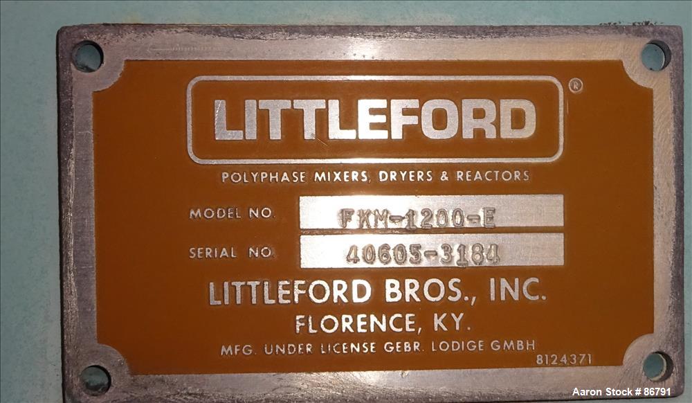 Used Littleford Plow Mixer, Model FKM-1200-E, Carbon Steel. 26.1 Cubic feet wor