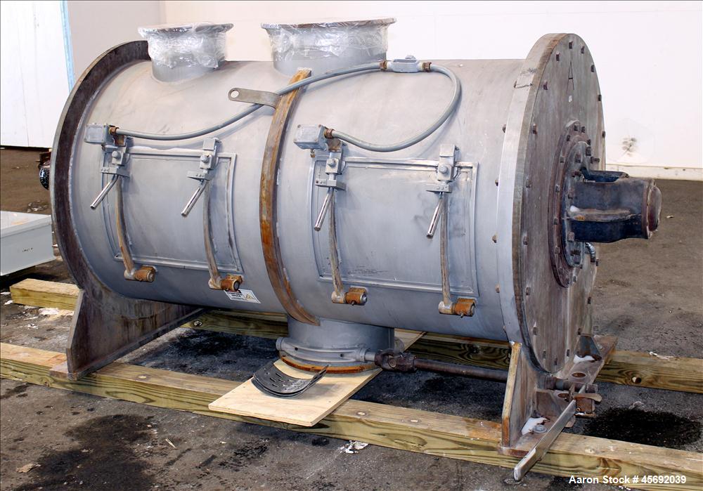 Used Littleford Plow Mixer, Model FKM-1200, 1200 Liters (317 Gallon), 42 Cubic Feet, Batch Type, Stainless Steel. Non-jacketed chamber approximately 37" diameter x 65" straight side. 5" diameter shaf...