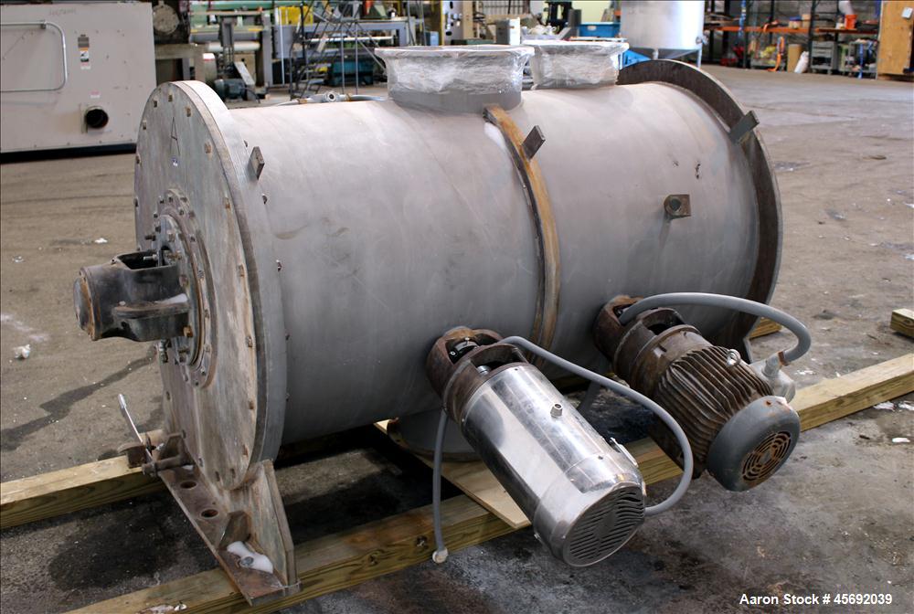 Used Littleford Plow Mixer, Model FKM-1200, 1200 Liters (317 Gallon), 42 Cubic Feet, Batch Type, Stainless Steel. Non-jacketed chamber approximately 37" diameter x 65" straight side. 5" diameter shaf...