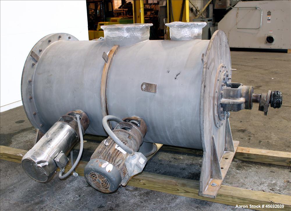 Used Littleford Plow Mixer, Model FKM-1200, 1200 Liters (317 Gallon), 42 Cubic Feet, Batch Type, Stainless Steel. Non-jacketed chamber approximately 37" diameter x 65" straight side. 5" diameter shaf...