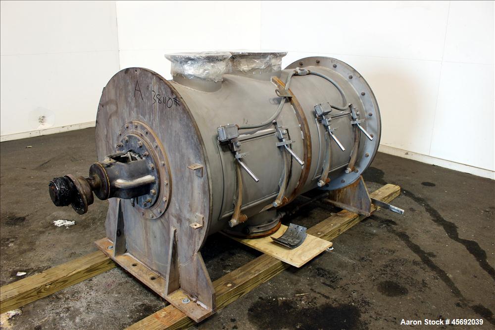 Used Littleford Plow Mixer, Model FKM-1200, 1200 Liters (317 Gallon), 42 Cubic Feet, Batch Type, Stainless Steel. Non-jacketed chamber approximately 37" diameter x 65" straight side. 5" diameter shaf...
