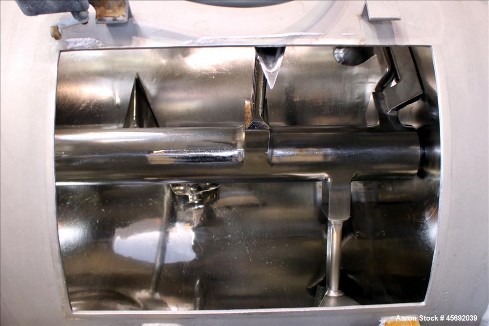 Used Littleford Plow Mixer, Model FKM-1200, 1200 Liters (317 Gallon), 42 Cubic Feet, Batch Type, Stainless Steel. Non-jacketed chamber approximately 37" diameter x 65" straight side. 5" diameter shaf...