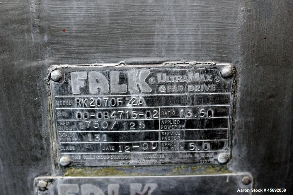 Used Littleford Plow Mixer, Model FKM-1200, 1200 Liters (317 Gallon), 42 Cubic Feet, Batch Type, Stainless Steel. Non-jacketed chamber approximately 37" diameter x 65" straight side. 5" diameter shaf...