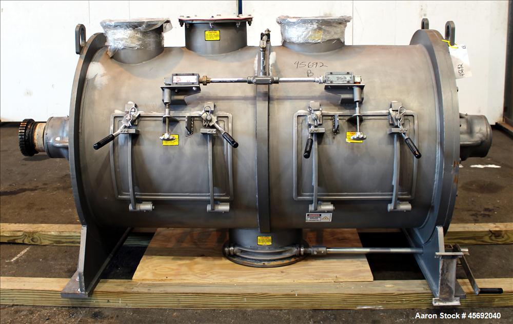 Used Littleford Plow Mixer, Model FKM-1200, 1200 Liters (317 Gallon), 42 Cubic Feet, Batch Type, Stainless Steel. Non-jacketed chamber approximately 37" diameter x 65" straight side. 6" diameter shaf...