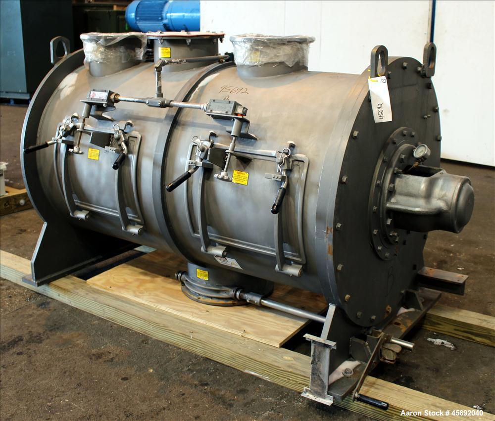 Used Littleford Plow Mixer, Model FKM-1200, 1200 Liters (317 Gallon), 42 Cubic Feet, Batch Type, Stainless Steel. Non-jacketed chamber approximately 37" diameter x 65" straight side. 6" diameter shaf...