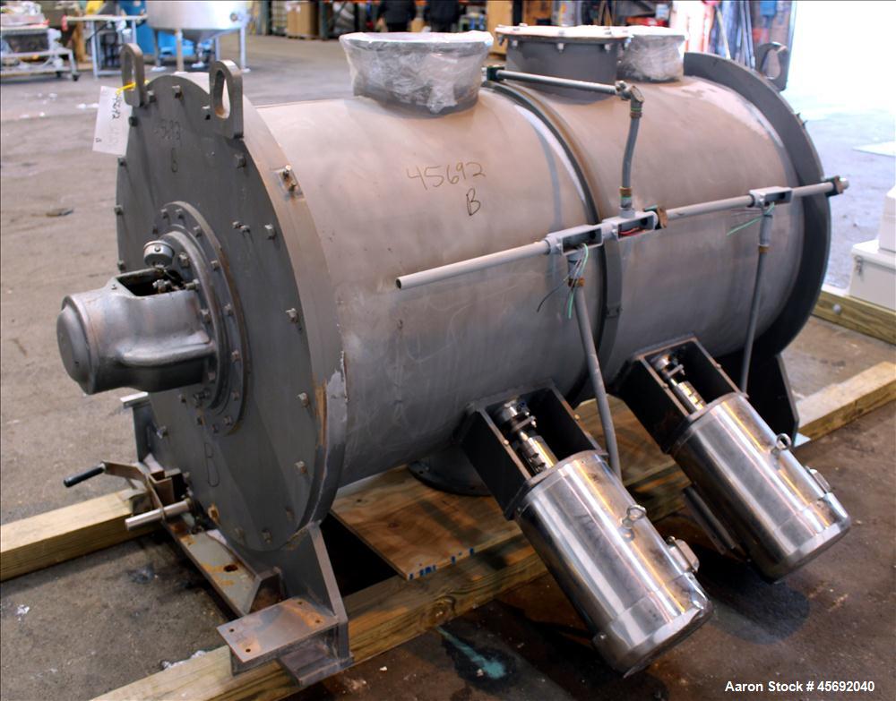 Used Littleford Plow Mixer, Model FKM-1200, 1200 Liters (317 Gallon), 42 Cubic Feet, Batch Type, Stainless Steel. Non-jacketed chamber approximately 37" diameter x 65" straight side. 6" diameter shaf...