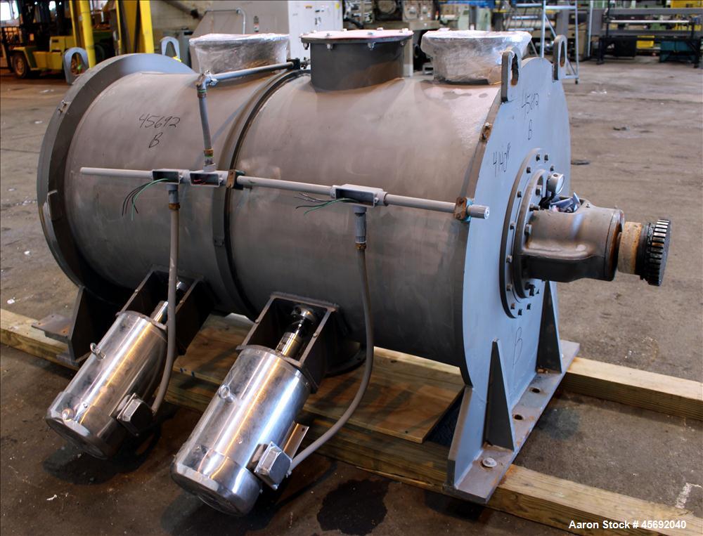 Used Littleford Plow Mixer, Model FKM-1200, 1200 Liters (317 Gallon), 42 Cubic Feet, Batch Type, Stainless Steel. Non-jacketed chamber approximately 37" diameter x 65" straight side. 6" diameter shaf...