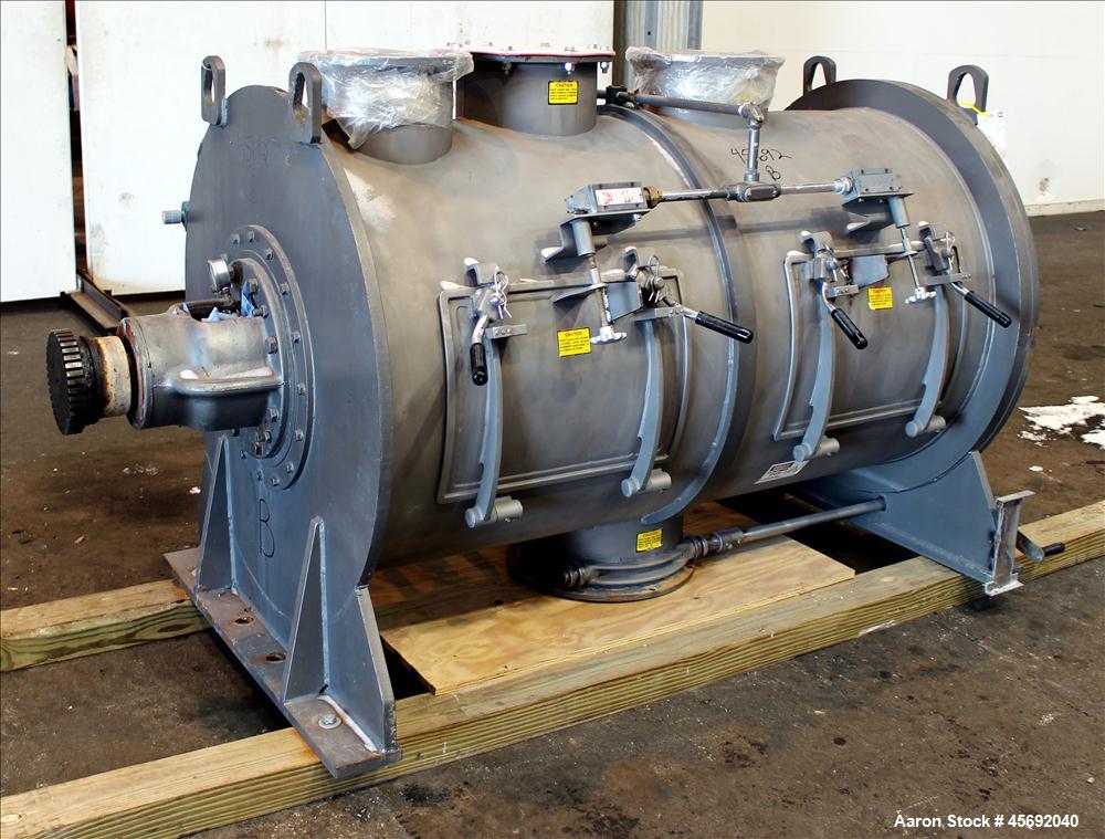 Used Littleford Plow Mixer, Model FKM-1200, 1200 Liters (317 Gallon), 42 Cubic Feet, Batch Type, Stainless Steel. Non-jacketed chamber approximately 37" diameter x 65" straight side. 6" diameter shaf...