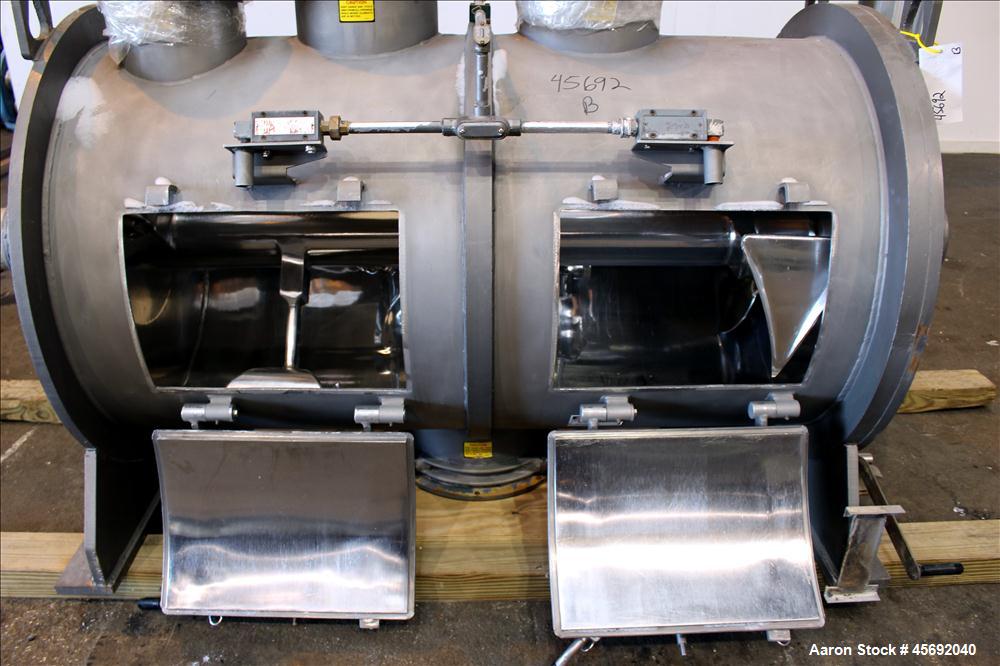 Used Littleford Plow Mixer, Model FKM-1200, 1200 Liters (317 Gallon), 42 Cubic Feet, Batch Type, Stainless Steel. Non-jacketed chamber approximately 37" diameter x 65" straight side. 6" diameter shaf...