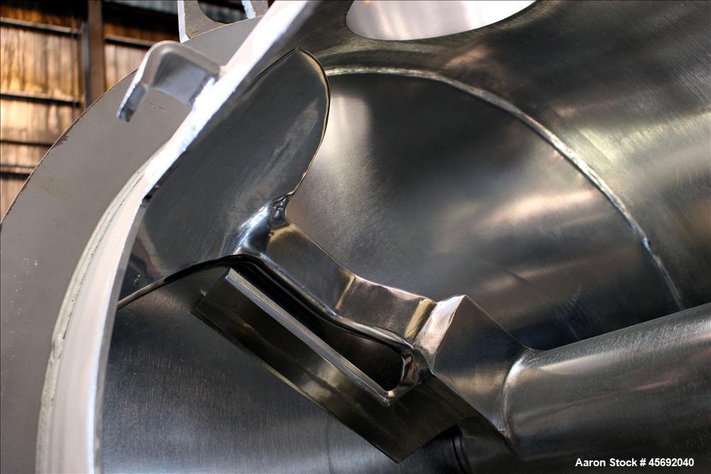 Used Littleford Plow Mixer, Model FKM-1200, 1200 Liters (317 Gallon), 42 Cubic Feet, Batch Type, Stainless Steel. Non-jacketed chamber approximately 37" diameter x 65" straight side. 6" diameter shaf...
