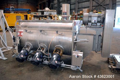 Used Littleford Batch Type Plow Mixer, Model FKM2000E, 321 Stainless Steel. 43 Cubic feet working capacity (73.5  total). Non-jacketed chamber approximate 50” diameter x 79” long. 5” Diameter shaft w...