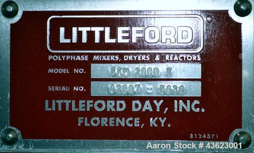 Used Littleford Batch Type Plow Mixer, Model FKM2000E, 321 Stainless Steel. 43 Cubic feet working capacity (73.5  total). Non-jacketed chamber approximate 50” diameter x 79” long. 5” Diameter shaft w...