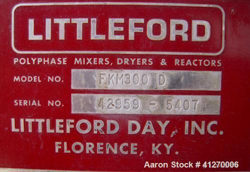 Used Littleford Day Batch Type Plow Mixer, model FKM-300-D, 6 cubic feet working capacity (10 total). 304 stainless steel non-jacketed chamber 24.88" diameter x 39.38" straight side. 2 1/4" diameter ...