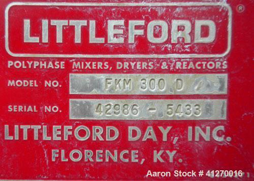 Used Littleford Day Batch Type Plow Mixer, model FKM-300-D, 6 cubic feet working capacity (10 total). 304 stainless steel non-jacketed chamber 24.88" diameter x 39.38" straight side. 2-1/4" diameter ...