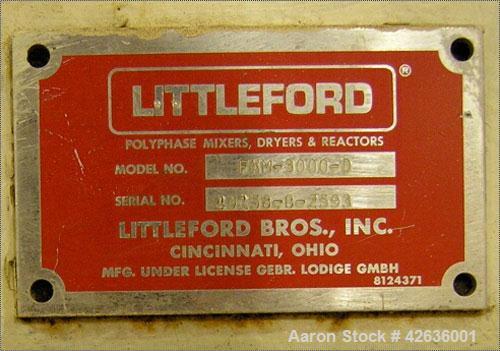 Used Littleford Day Plow Mixer, horizontal design processor with high shear capabilities, model FKM 3000D, capacity 106 cubic feet, 792 gallons, 3000 liters, 304 stainless steel construction, equippe...