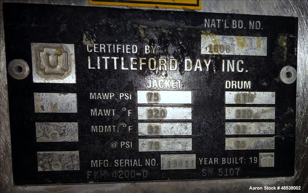 Used Littleford Day Plow Mixer, Model FKM-4200-D, 316 Stainless Steel.