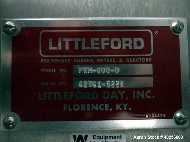 Used Littleford Plow Mixer, Model  FKM600D. Stainless steel construction, sanitary welded plows, 21.9 cubic feet total capacity, 12.9 cubic feet working capacity, single access door, with (2) 10 hp h...