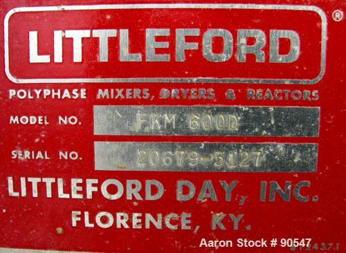 Used Littleford Plow Mixer, Model FKM600D, 304 stainless steel. 11 cubic feet working capacity, 21.2 total. 30" diameter x approximately 50" long carbon steel jacketed chamber, rated 75 psi at 320 de...