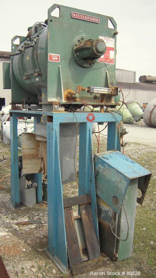 Used Littleford Plow Mixer, Model FKMD600, Carbon Steel. 11 Cubic feet working capacity, 21.9 total. Jacketed chamber 32" diameter x 49" straight side, rated 75 psi at 325 deg F. Approximate 5" diame...