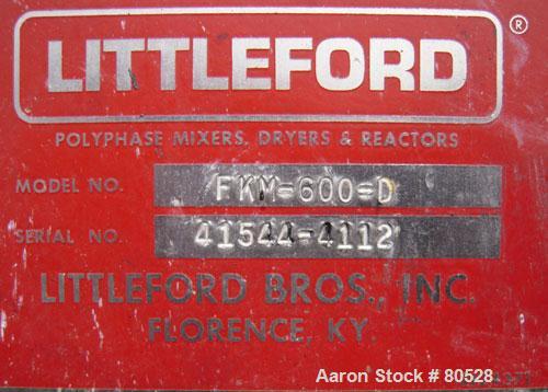 Used Littleford Plow Mixer, Model FKMD600, Carbon Steel. 11 Cubic feet working capacity, 21.9 total. Jacketed chamber 32" diameter x 49" straight side, rated 75 psi at 325 deg F. Approximate 5" diame...