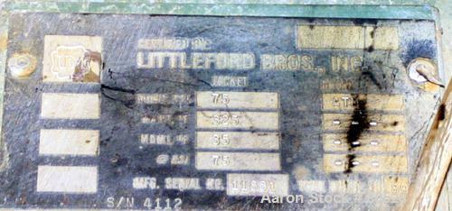 Used Littleford Plow Mixer, Model FKMD600, Carbon Steel. 11 Cubic feet working capacity, 21.9 total. Jacketed chamber 32" diameter x 49" straight side, rated 75 psi at 325 deg F. Approximate 5" diame...