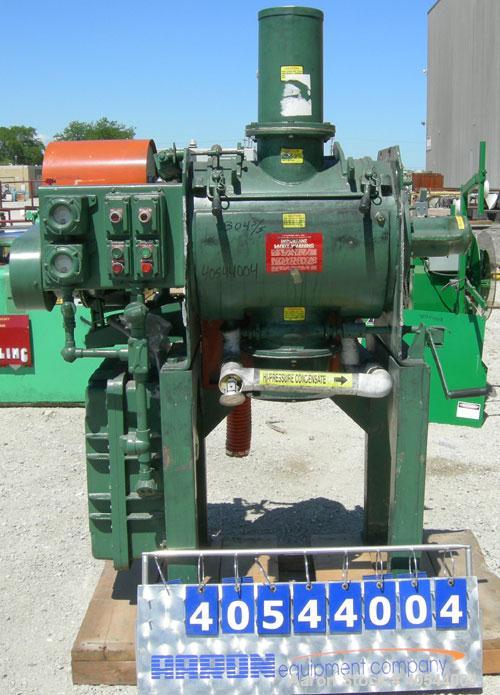 Used Littleford Batch Type Plow Mixer, Model FM-130-D, 304 Stainless Steel. 3 Cubic feet working capacity, 4.6 total. Carbon steel jacketed chamber 19" diameter x 26" long, rated 75 PSI at 320 Degree...