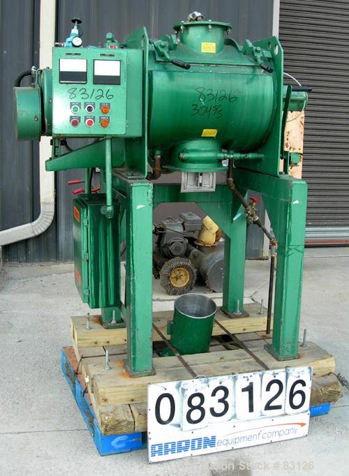 USED: Littleford/Lodige plow mixer, model FM-130-D, batch type. 3 cu ft working capacity, 4.6 total, 304 stainless steel. Carbon steel jacketed chamber 20" diameter x 26" straight side, rated 75 psi ...