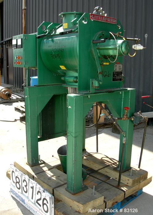 USED: Littleford/Lodige plow mixer, model FM-130-D, batch type. 3 cu ft working capacity, 4.6 total, 304 stainless steel. Carbon steel jacketed chamber 20" diameter x 26" straight side, rated 75 psi ...