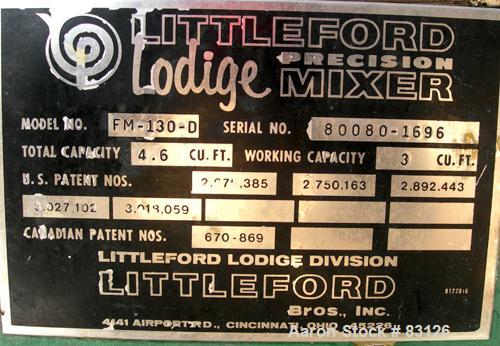 USED: Littleford/Lodige plow mixer, model FM-130-D, batch type. 3 cu ft working capacity, 4.6 total, 304 stainless steel. Carbon steel jacketed chamber 20" diameter x 26" straight side, rated 75 psi ...