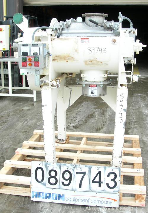 Used Littleford Batch Type Plow Mixer, Model FM-130-D, 304 stainless steel. 3 cubic feet working capacity,4.6 total. Carbon steel jacketed chamber approximately 20’’ diameter x 26’’ long rated 75 psi...