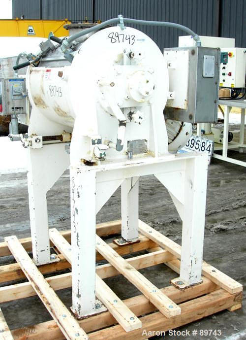 Used Littleford Batch Type Plow Mixer, Model FM-130-D, 304 stainless steel. 3 cubic feet working capacity,4.6 total. Carbon steel jacketed chamber approximately 20’’ diameter x 26’’ long rated 75 psi...