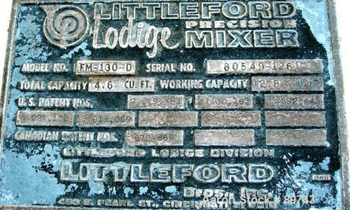 Used Littleford Batch Type Plow Mixer, Model FM-130-D, 304 stainless steel. 3 cubic feet working capacity,4.6 total. Carbon steel jacketed chamber approximately 20’’ diameter x 26’’ long rated 75 psi...