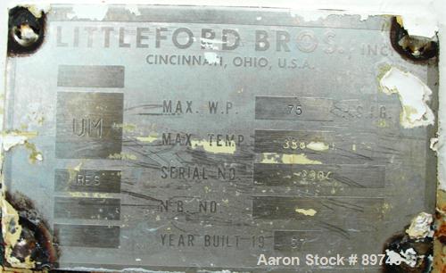 Used Littleford Batch Type Plow Mixer, Model FM-130-D, 304 stainless steel. 3 cubic feet working capacity,4.6 total. Carbon steel jacketed chamber approximately 20’’ diameter x 26’’ long rated 75 psi...