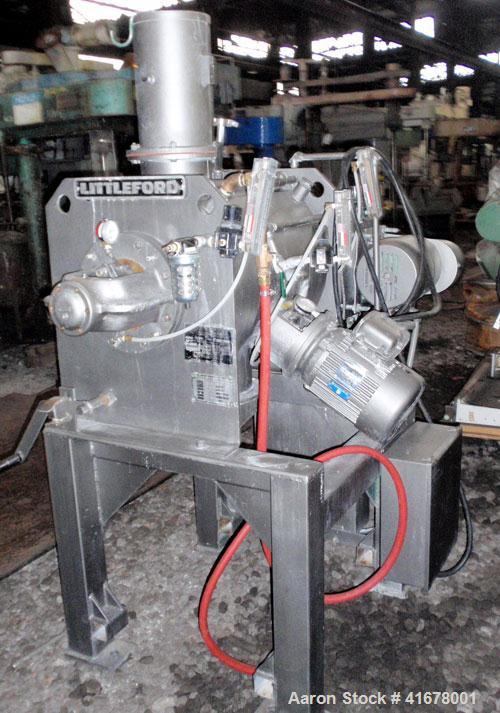 Used Littleford Batch Type Plow Mixer, model FM130-D, stainless steel. 3 cubic feet working capacity, 4.6 total. Jacketed chamber 19" diameter x 26" long, rated 75 psi at 320 deg F. Bolt on plows. Ai...