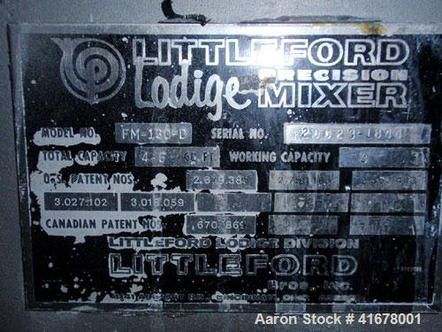 Used Littleford Batch Type Plow Mixer, model FM130-D, stainless steel. 3 cubic feet working capacity, 4.6 total. Jacketed chamber 19" diameter x 26" long, rated 75 psi at 320 deg F. Bolt on plows. Ai...